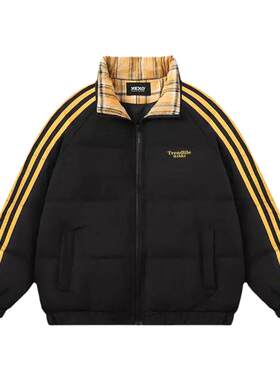 撞色格子棉服男款冬季加厚三条杠立领棉衣外套短款情侣面包服棉袄