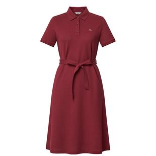 Hazzys哈吉斯短袖polo领连衣裙女夏季休闲显瘦红色中长款针织裙子