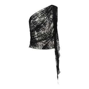 HAI STUDIO2025春夏女黑色蕾丝单肩上衣 斜肩露肩飘带背心蕾丝衫