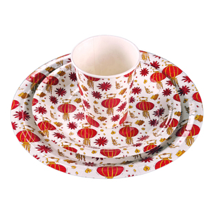 新年纸杯纸盘春节餐桌装饰喜庆灯笼元素餐具年夜饭年会布置干果盘