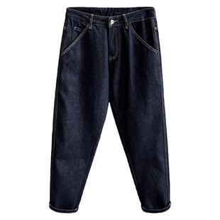 原色日系复古加绒加厚牛仔裤男士潮牌宽松大码哈伦九分裤子男冬季