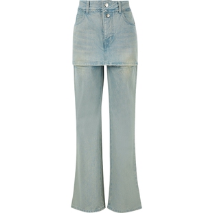 【折扣】YCH女士挖剪高腰微喇蓝色牛仔裤