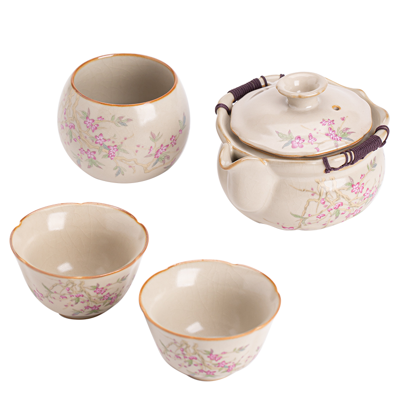 米黄汝窑手抓壶一壶四杯功夫茶具