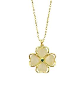 18K金白玉髓爱心四叶草项链女气质幸运花苞高级感锁骨项链不掉色