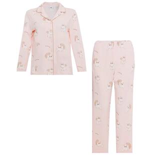 爱美丽安睡猫双面布纯棉睡衣女士翻领秋冬新款长袖长裤家居服套装