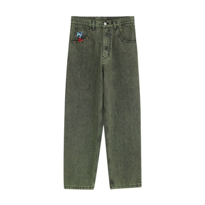 MindError 美式街头环孔设计秋季新款小象刺绣直筒宽松男牛仔长裤