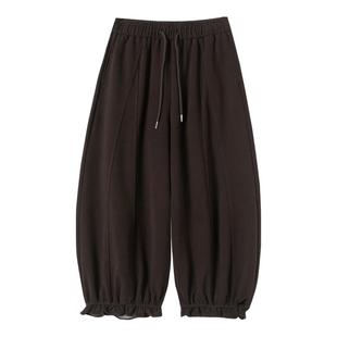 拉夏贝尔毛呢加绒木耳边灯笼裤女秋冬新款高腰宽松阔腿花苞弯刀裤