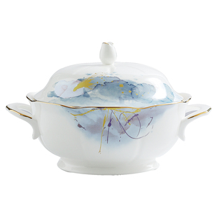 家用双耳防烫9英寸骨瓷高足大汤锅创意水墨风大号品锅带盖大汤盆