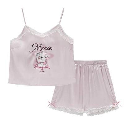 Gukoo/果壳睡衣夏季玛丽猫联名亮面冰丝女家居服吊带蕾丝套装B