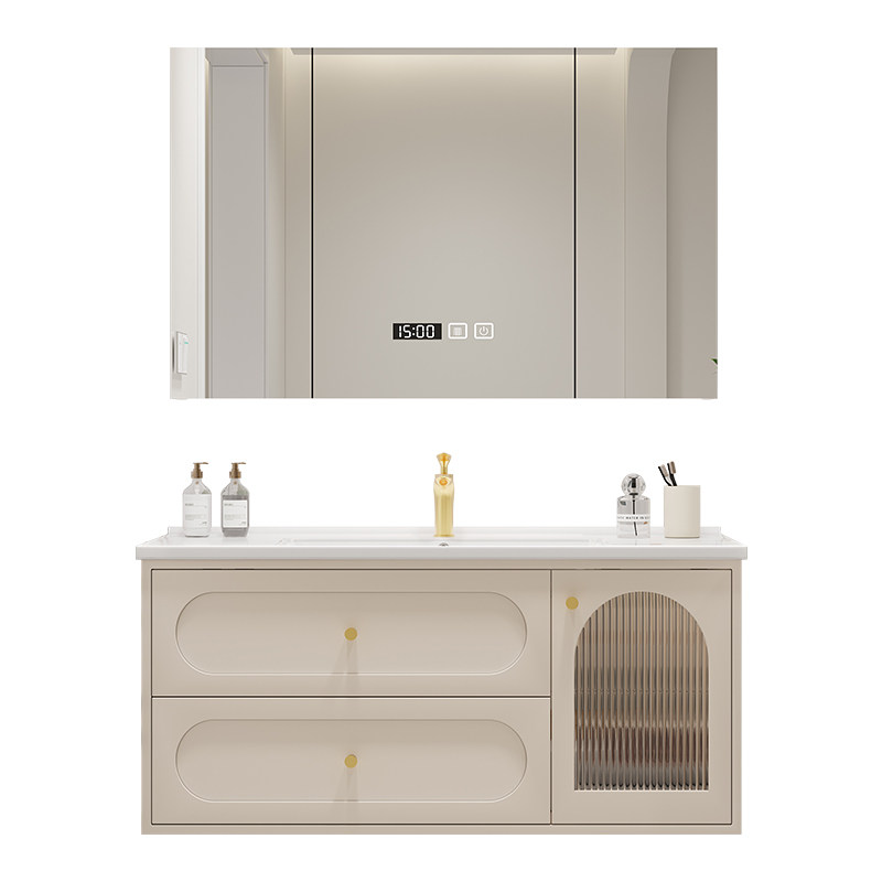 法式奶油风一体陶瓷盆浴室柜组合