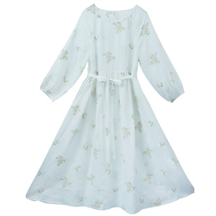 5折【茉莉花道】圆领绣花连衣裙女夏季新款文艺苎麻白色收腰长裙