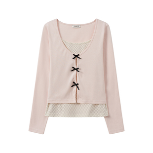 奶油的宇宙 蝴蝶结波点拼接假两件长袖上衣女甜美风修身早秋内搭