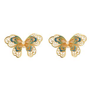 蝴蝶珍珠银鎏金耳钉非遗花丝镂空珐琅双层新中式国风文艺纯银耳环