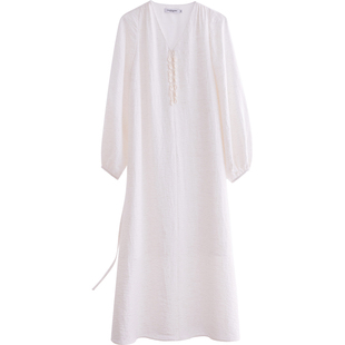 亚麻连衣裙女白色贝壳长袖连身裙宽松慵懒风通勤直筒长裙收腰系带