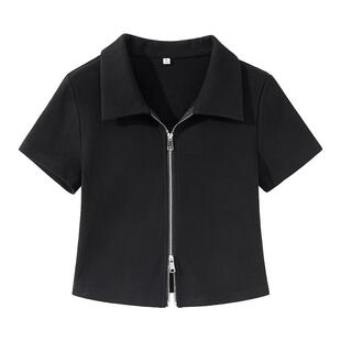 班尼路黑色polo领双拉链短袖T恤女2026夏季新款修身显瘦正肩上衣N