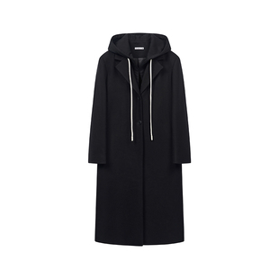 DOSORDONTS2025年秋冬新款黑色连帽卫衣假两件70%羊毛呢大衣外套