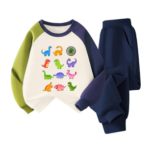 NASA联名发光恐龙男童卫衣卫裤春秋季套装男孩印花衣服加绒外套冬