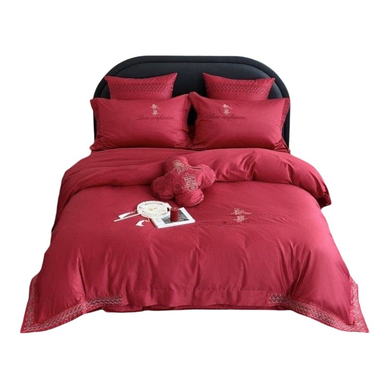 本罗兰家纺欢喜镂空刺绣婚庆四件套全棉100支长绒棉结婚被套红色
