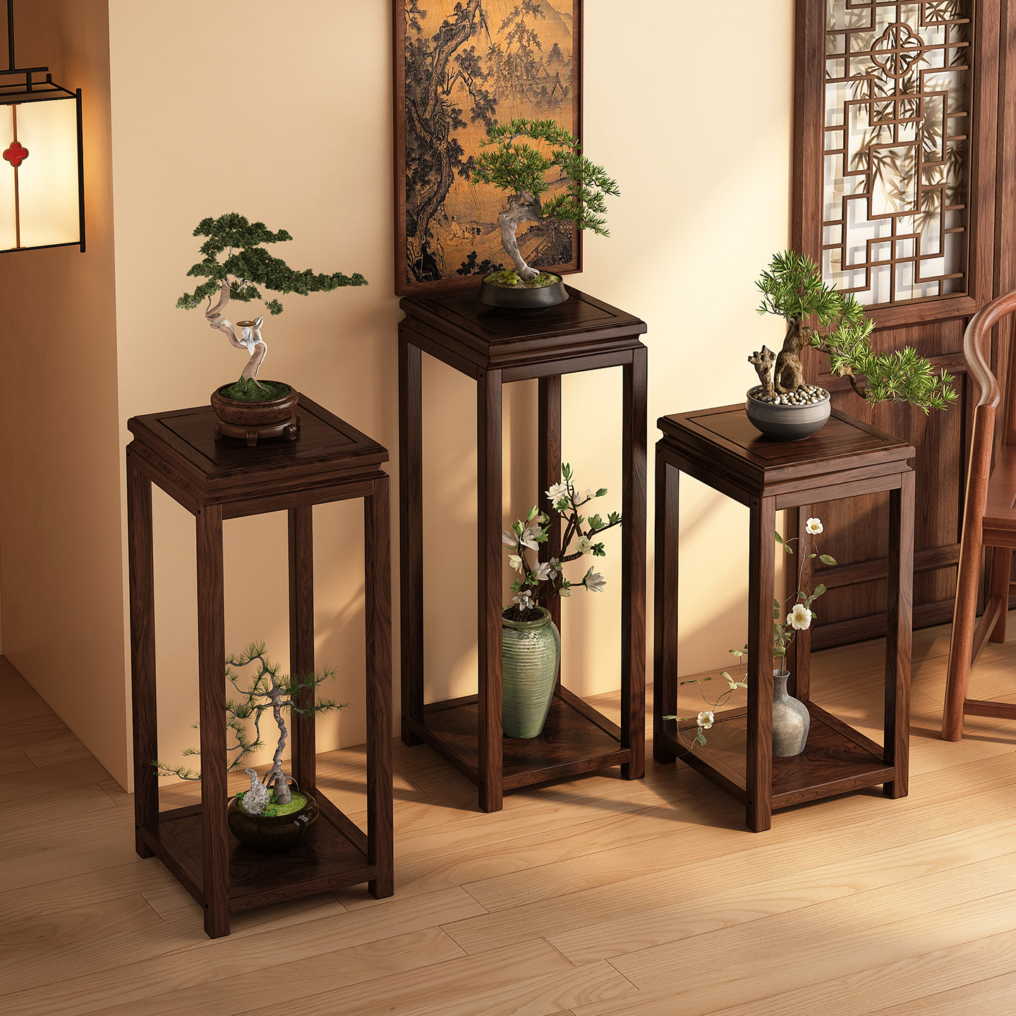 新中式花架客厅2025新款实木花架子阳台盆景花盆架花台几高端室内