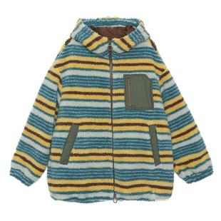 MOVEUP幻走2024冬季新款.FUN系列连帽条纹撞色口袋中长款外套女