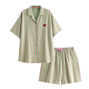 悦内睡衣女款夏季短袖短裤纯棉家居服夏款夏天条纹可出门外穿套装