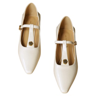 红蜻蜓女鞋秋冬新款真皮山茶花玛丽珍鞋摩登女郎低跟通勤浅口单鞋