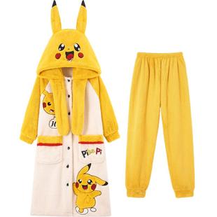 2025新款睡袍女秋冬季加绒加厚珊瑚绒睡衣长款浴袍大码家居服套装