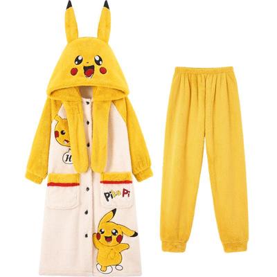 冬季加绒加厚睡袍套装珊瑚款睡衣