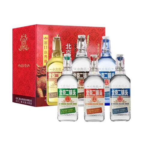 出口小方瓶永丰牌北京二锅头清香型纯粮白酒全家福500ml*6瓶礼盒