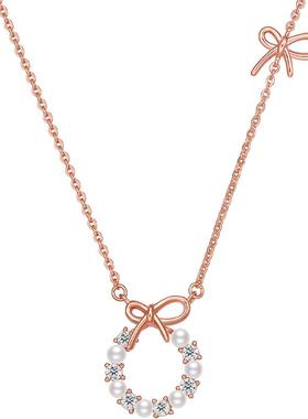 T周六福S925银蝴蝶结项链淡水珍珠蝴蝶结送女友新年礼物