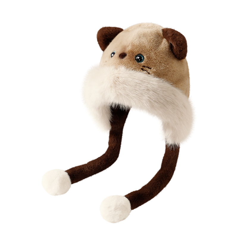 耳朵会动毛绒帽女冬季保暖护耳帽子围脖一体加绒防寒套头帽显脸小