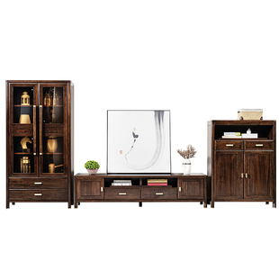 新中式全实木电视柜高柜酒柜组合乌金木客厅电视背景墙柜一体边柜