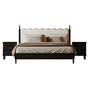 中古风全实木1米8双人床主卧1米5侘寂黑色软包儿童复古收纳次卧床