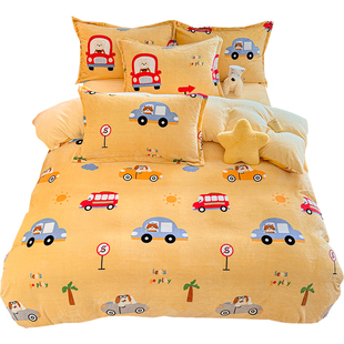 牛奶绒小汽车卡通四件套儿童被套珊瑚绒绒床单学生三件套冬季加厚
