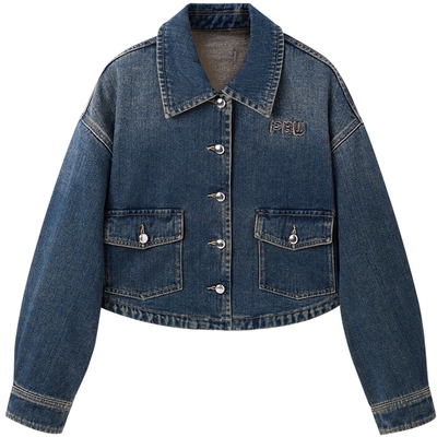 太平鸟女装秋冬休闲简约刺绣牛仔外套A3BBE4175