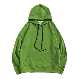 多巴胺绿色连帽卫衣女春秋薄款美拉德色系上衣宽松纯棉纯色情侣装