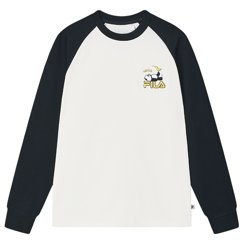 FILA斐乐官方熊猫印花情侣长袖上衣男2025秋休闲纯棉插肩袖T恤女