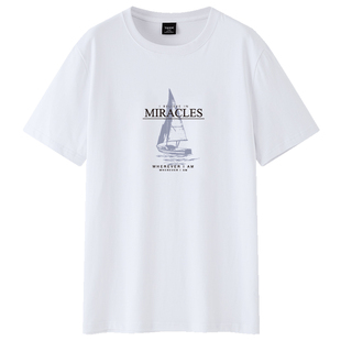 TEEK230G重磅 夏季男款短袖T恤帆船印花青少年夏装新款半袖上衣服