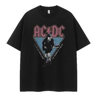ACDC乐队复古人像印花美式街头vtg落肩宽松纯棉圆领摇滚短袖T恤衫