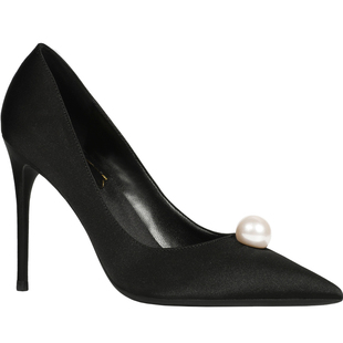 2025秋季新款黑色真丝绸缎面尖头高跟鞋女细跟珍珠设计感小众单鞋