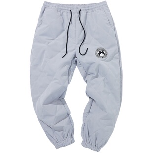 核爆炸冬季时尚浅灰色菱格纹宽松保暖大码哈伦吊裆休闲长裤棉裤男