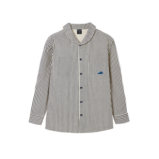 韦恩泽维尔大码反潮复古条纹衬衫男加肥加大改良海军领刺绣8962