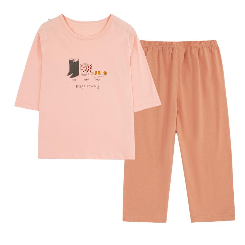 初遇儿童睡衣纯棉七分袖女童学生空调服中袖宝宝家居服套装夏薄款