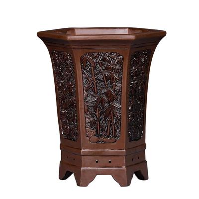 中国风古典浮雕紫砂兰花盆特价君子兰花仿古六方盆陶瓷大花盆清仓