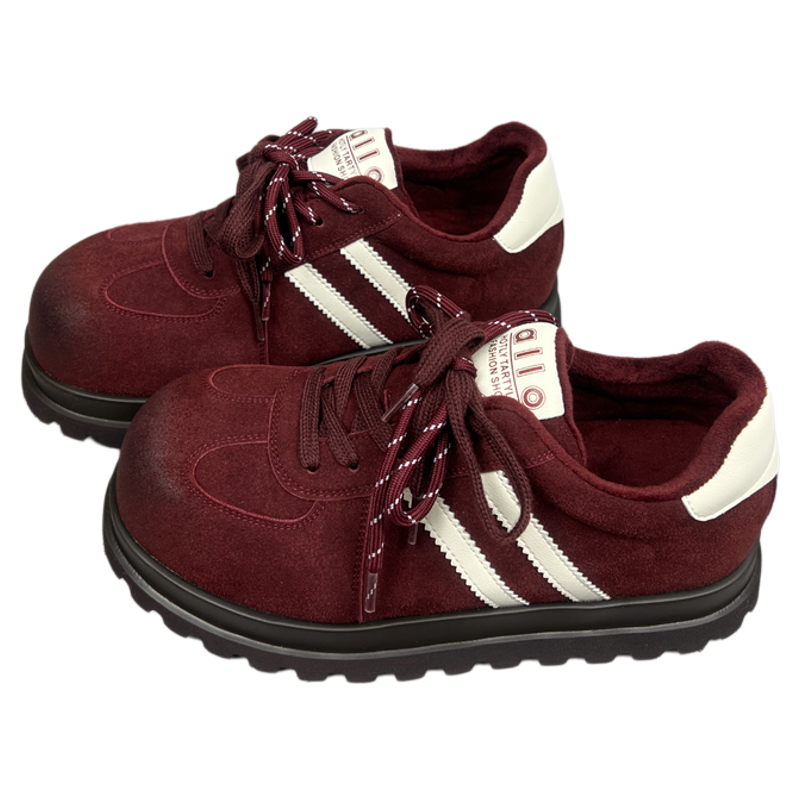 真皮厚底加绒德训鞋女2025冬季新款圆头百搭防滑经典防滑拼色棉鞋