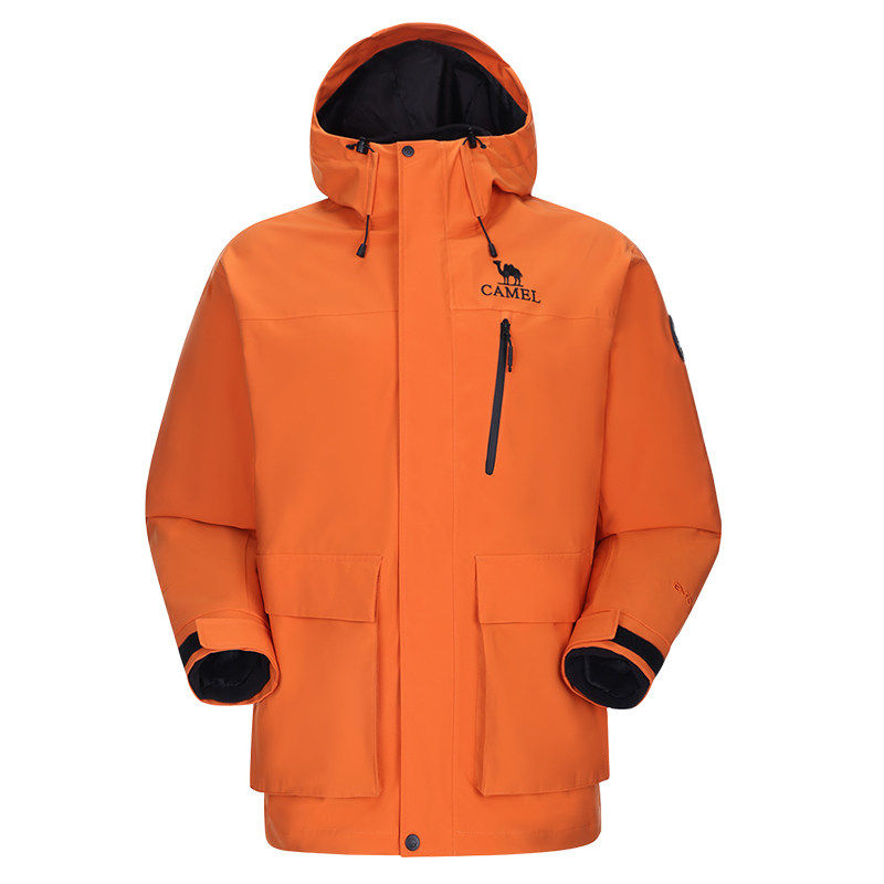 骆驼橙色冲锋衣三合一男女同款可拆卸加绒加厚冬季旅游滑雪服外套