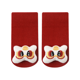 新生儿婴儿袜子春秋红色新年袜满月周岁秋冬宝宝地板袜防滑中筒袜