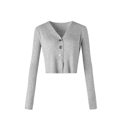 ourhour 后背刺绣 灰色V领短款羊毛混纺开衫 女秋设计感纯色毛衣