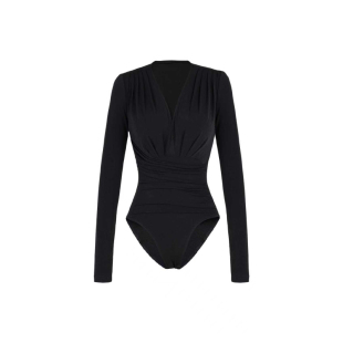 XULU原创秋季黑色弹力针织性感V领打底衫褶皱修身长袖连体上衣