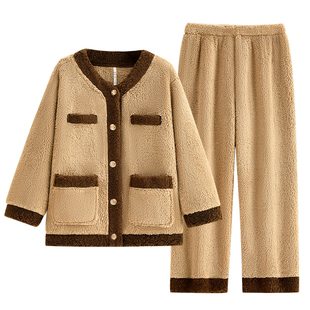 悦内睡衣女款冬季冬天法兰绒加绒加厚珊瑚绒家居服软绵绵开衫套装